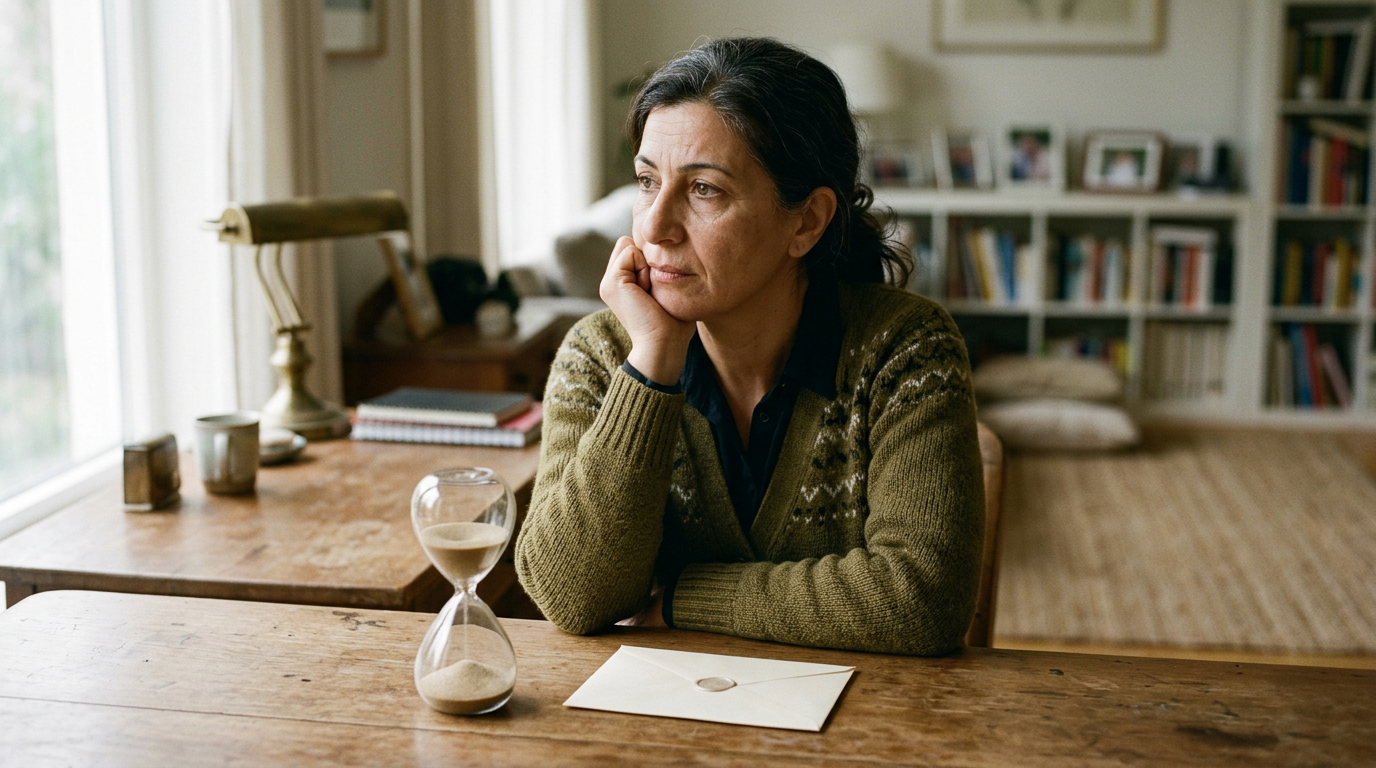A woman veteran at her desk with a sand hourglass and an envelope