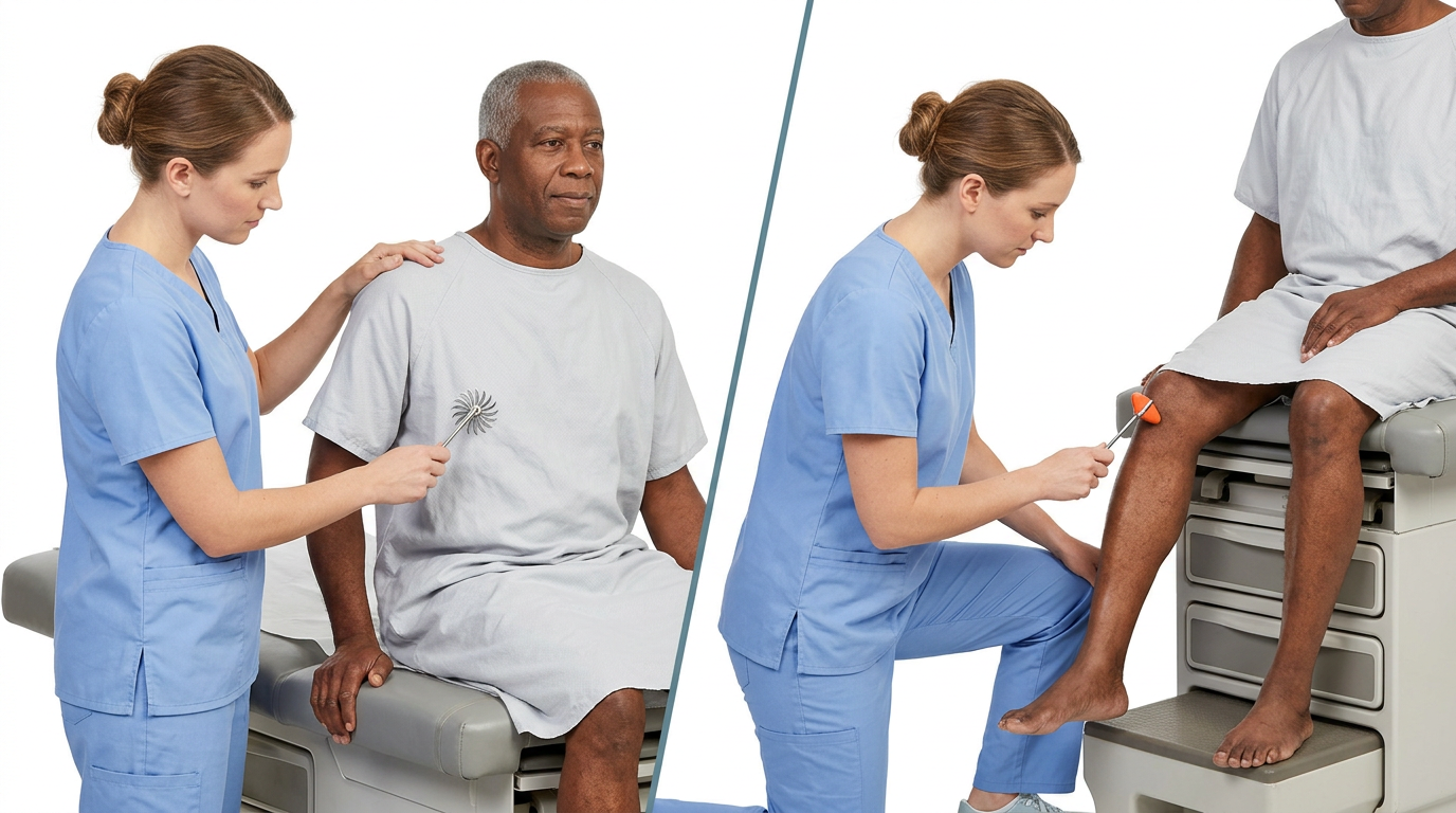 Clinician testing sensation around the rib line and checking lower-limb reflexes for a thoracic myelopathy screen