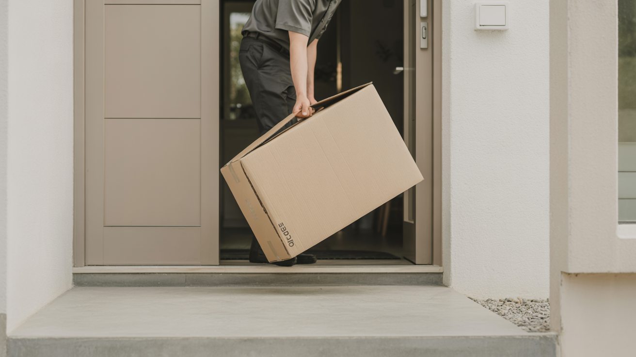 Caixa compacta de sofá sendo entregue na porta de uma casa moderna