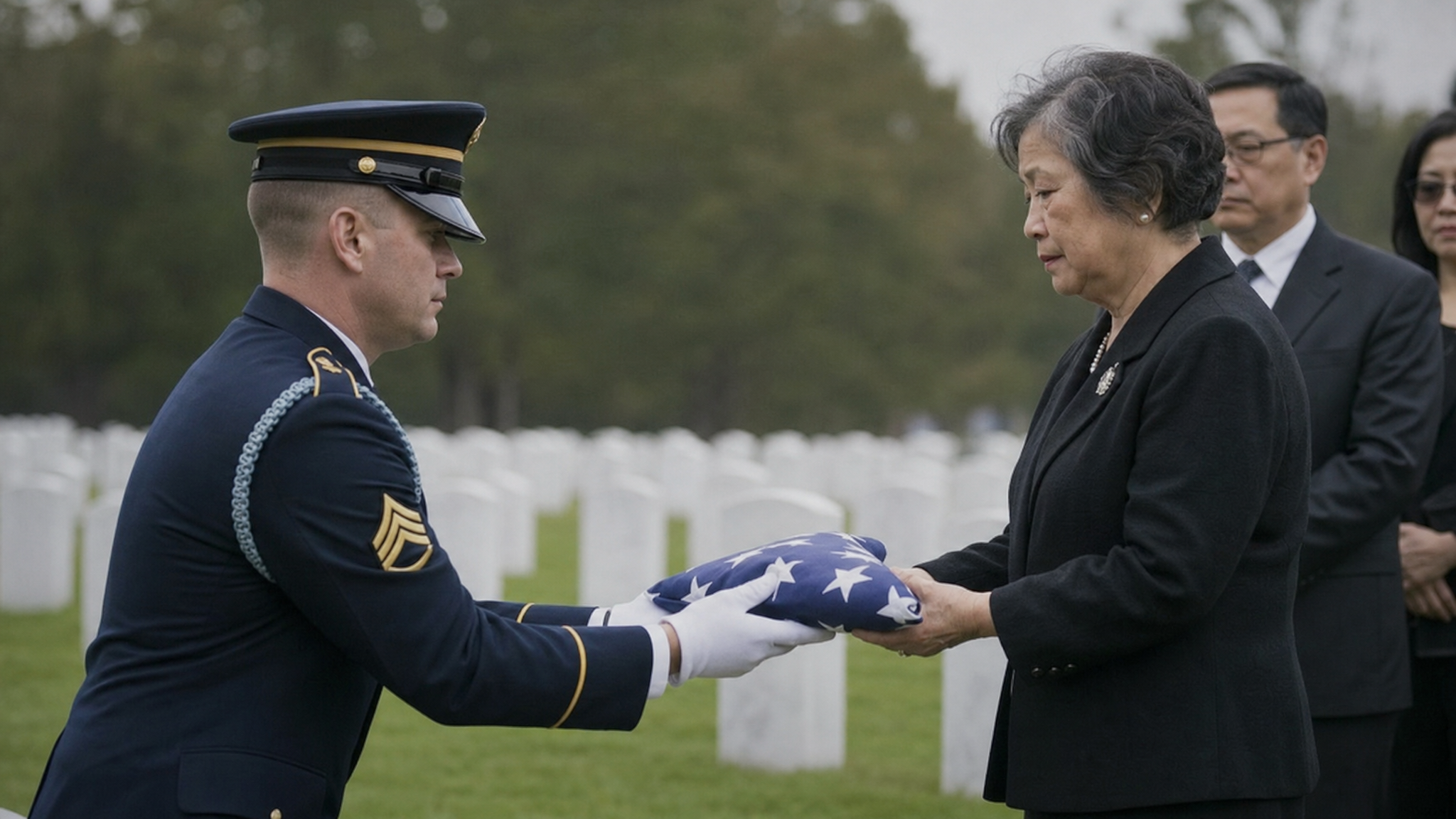 A military honor guard presenting a folded American flag to an Asian-American widow at a veteran memorial service