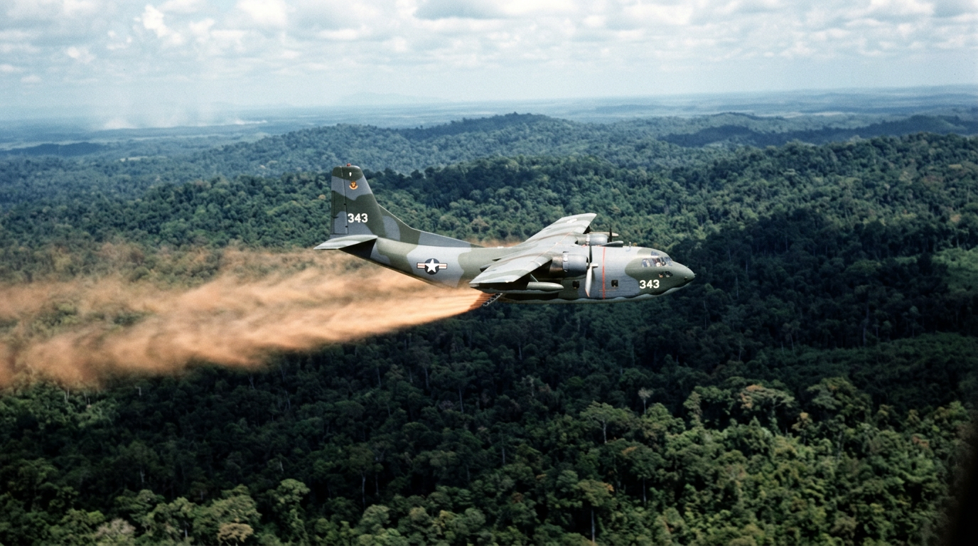 A U.S. military C-123 aircraft spraying Agent Orange herbicide over dense Vietnam jungle