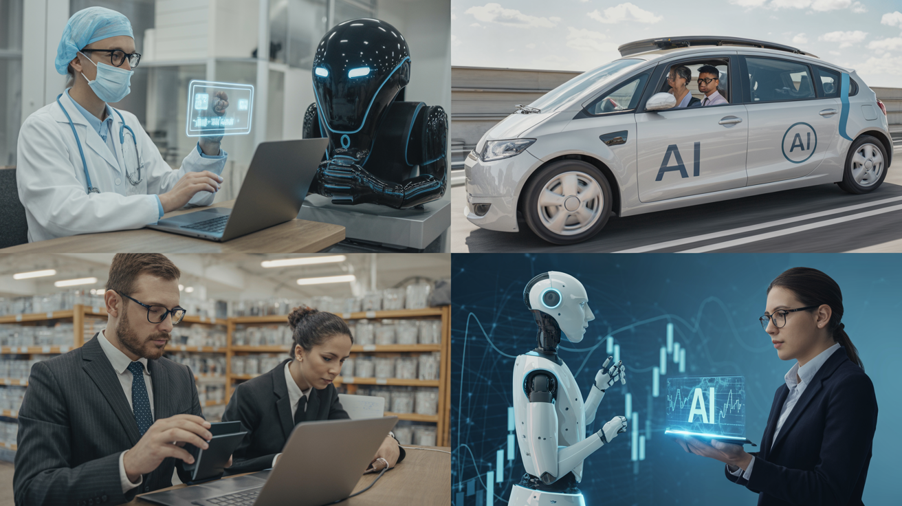 Professional montage showing AI applications across healthcare, autonomous vehicles, retail, and finance sectors