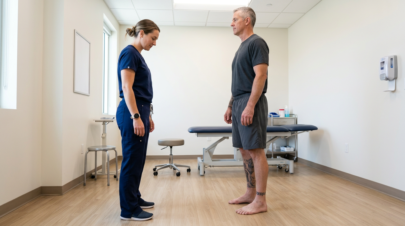 Clinician observing a veteran patient standing barefoot in a clinical exam room examining foot posture during weight-bearing assessment