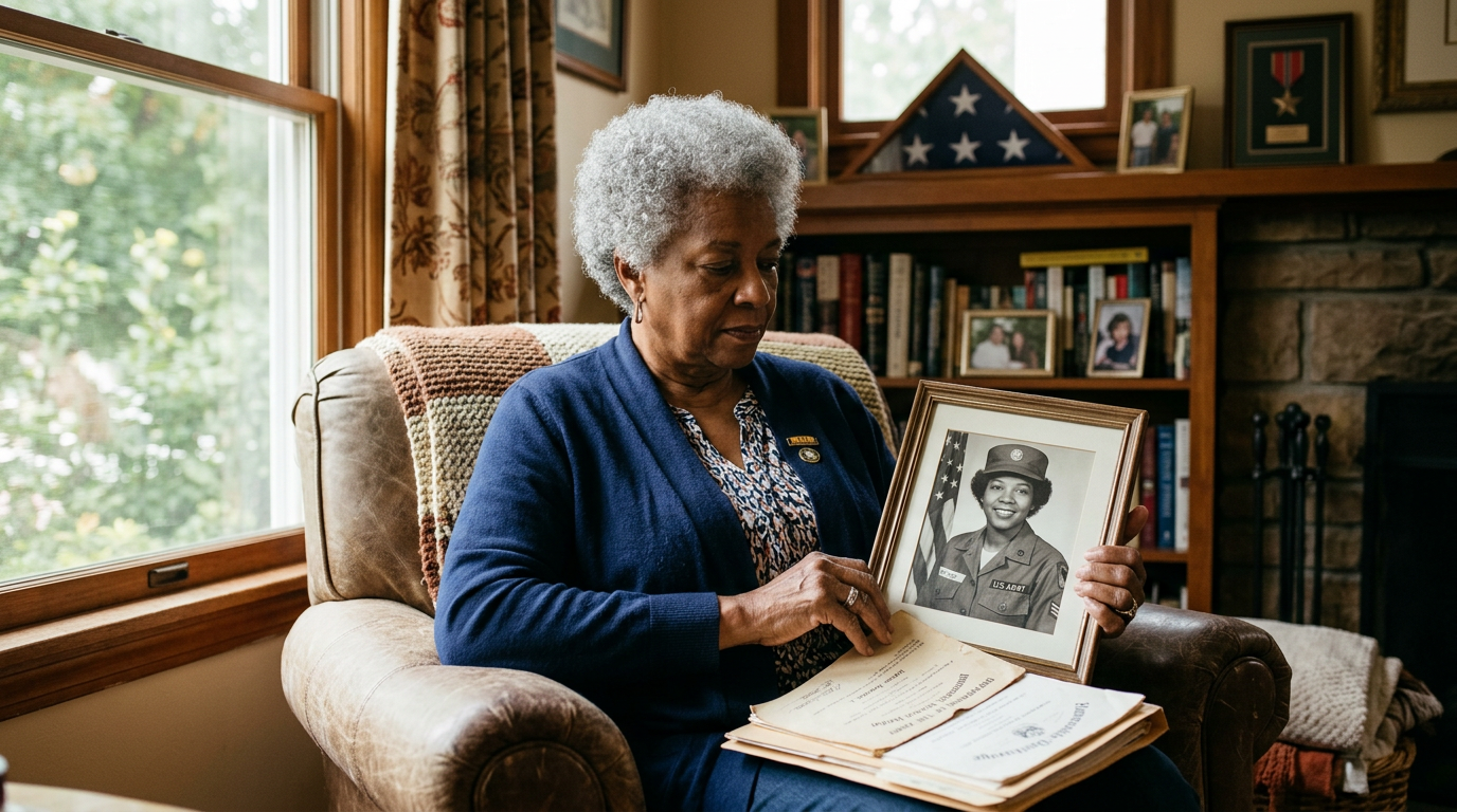 An older woman veteran at home holding a framed service photograph and her records