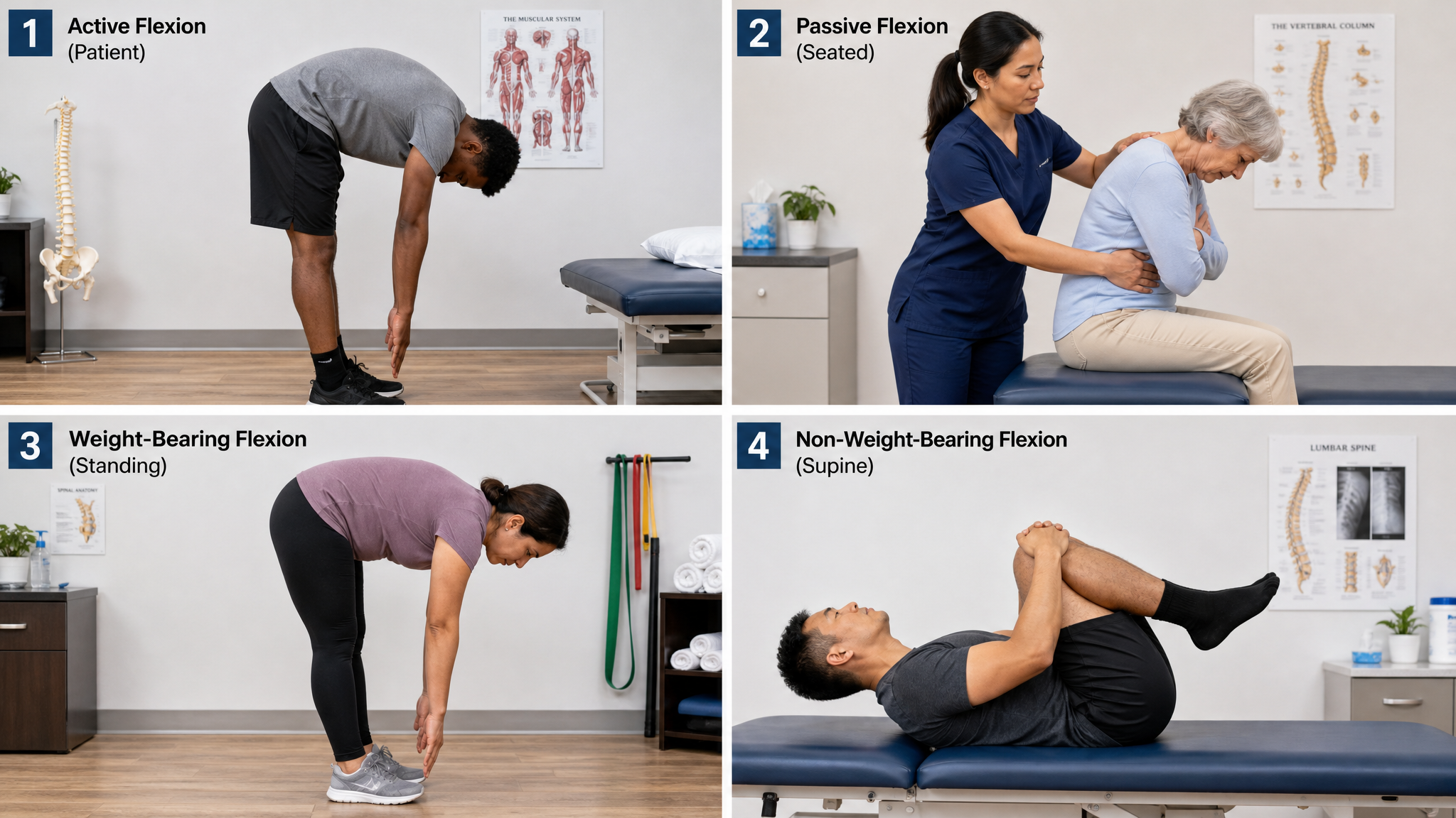 Four-panel figure showing the lumbar spine tested actively, passively, weight-bearing and non-weight-bearing with a diverse set of patients