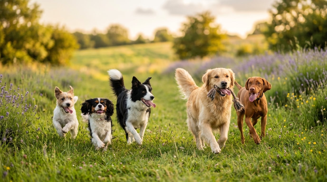 Happy dogs playing together
