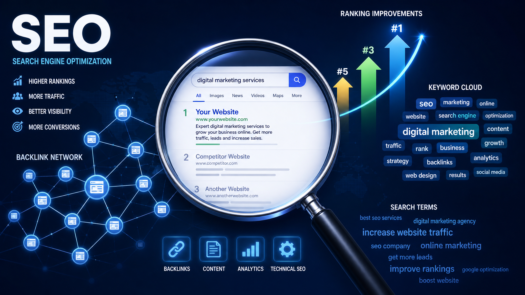 Traditional SEO concept showing search engine rankings, backlink networks, and keyword optimisation
