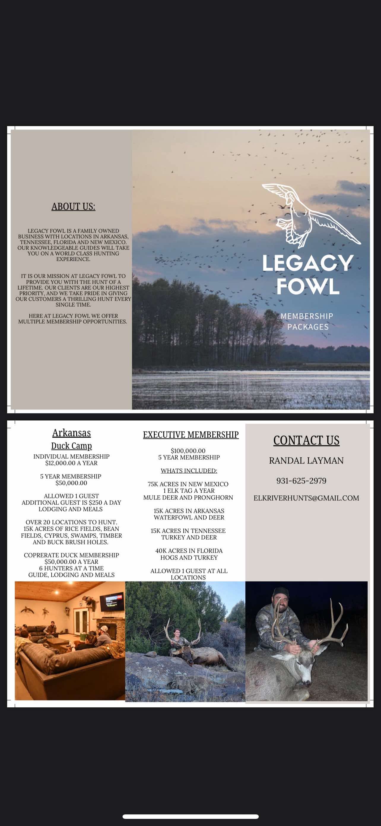 Legacy Fowl membership packages flyer