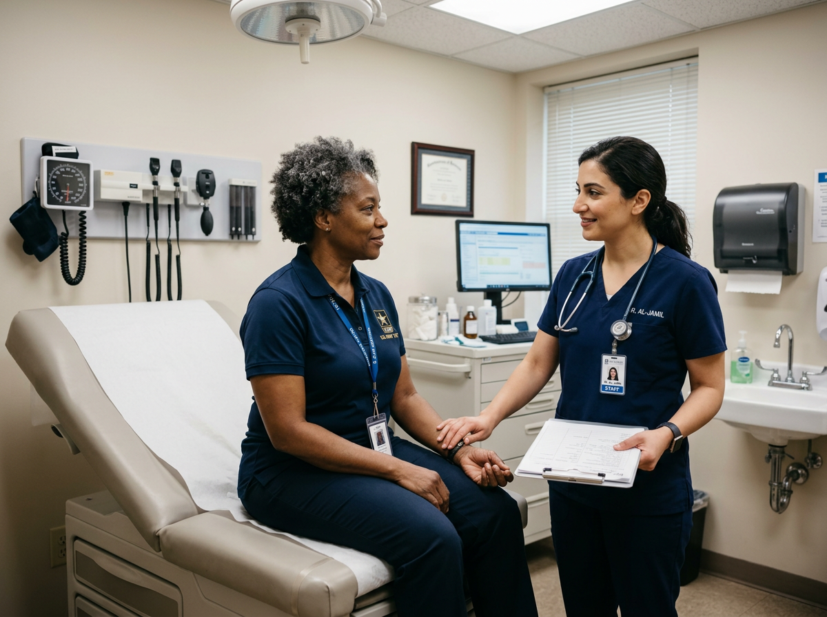 Woman veteran being assessed by a healthcare provider at a C&P exam