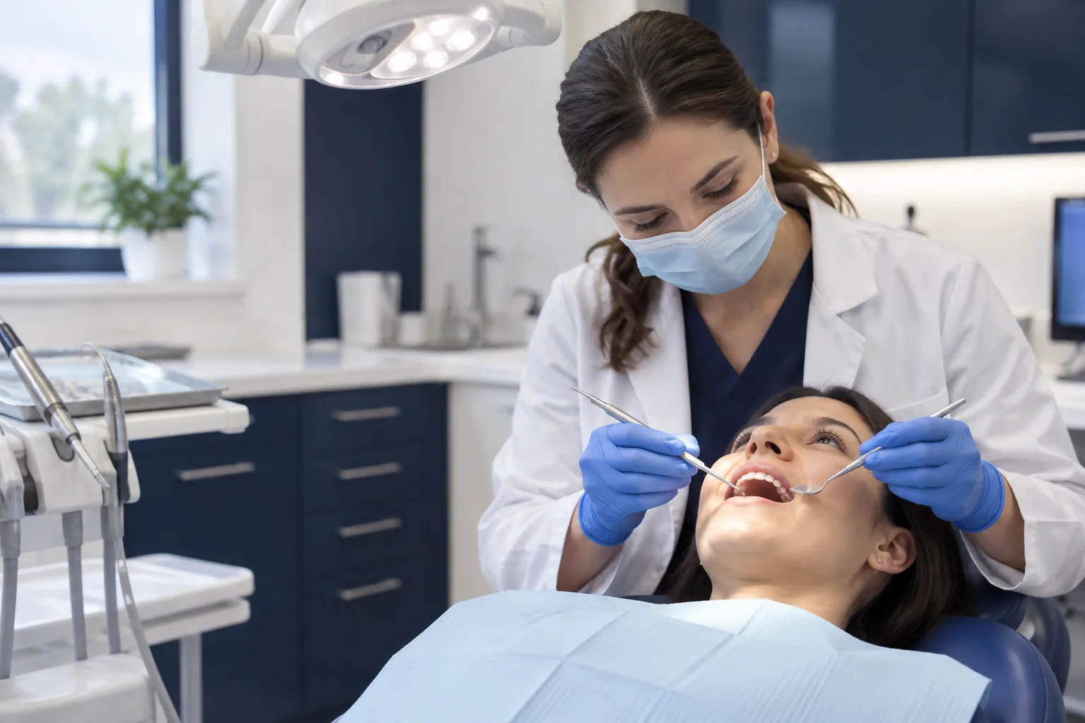 Dentist examining a patient for a dental abscess at our Fort Wayne emergency dental practice