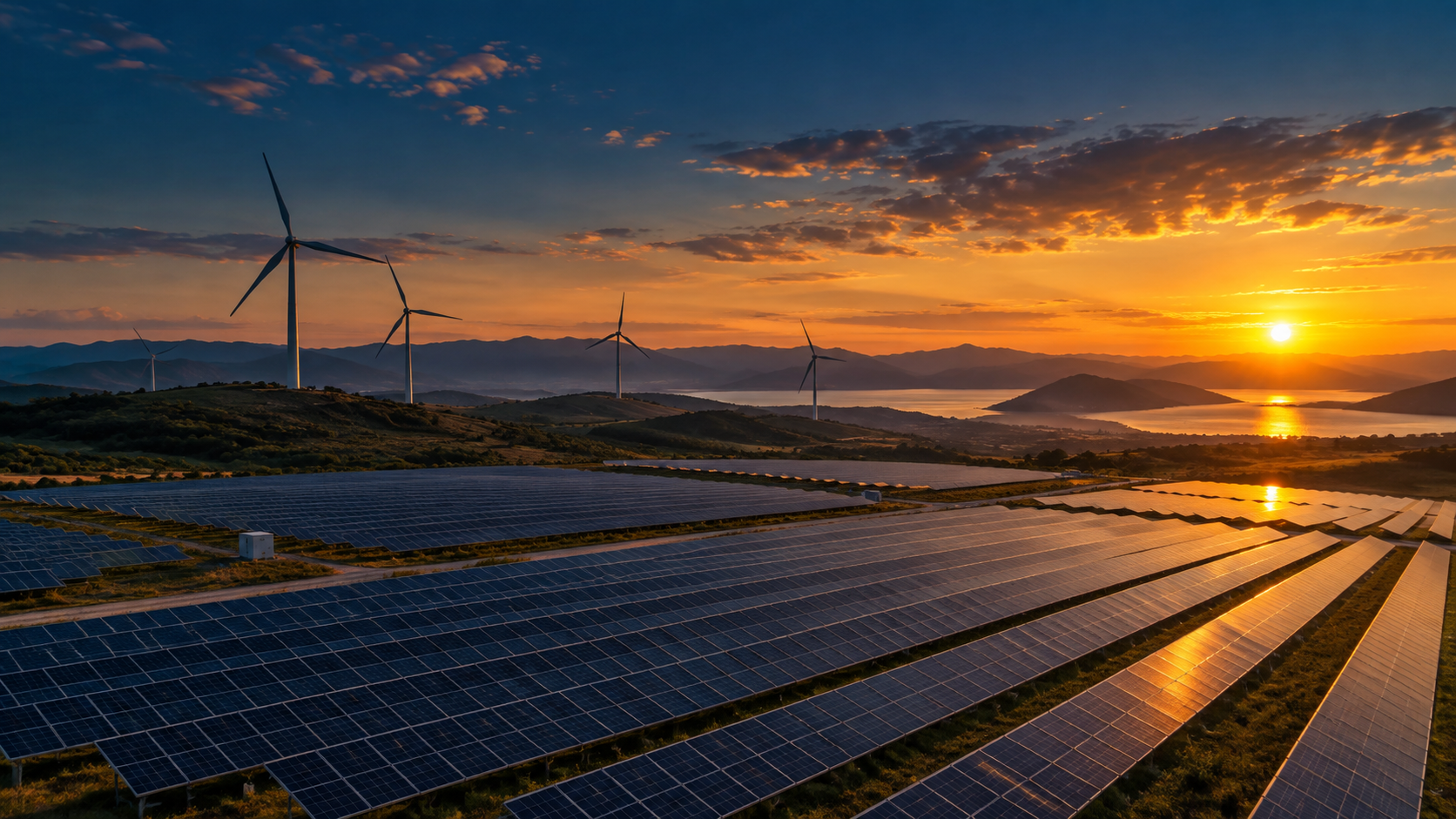 Solar panels and wind turbines at sunset