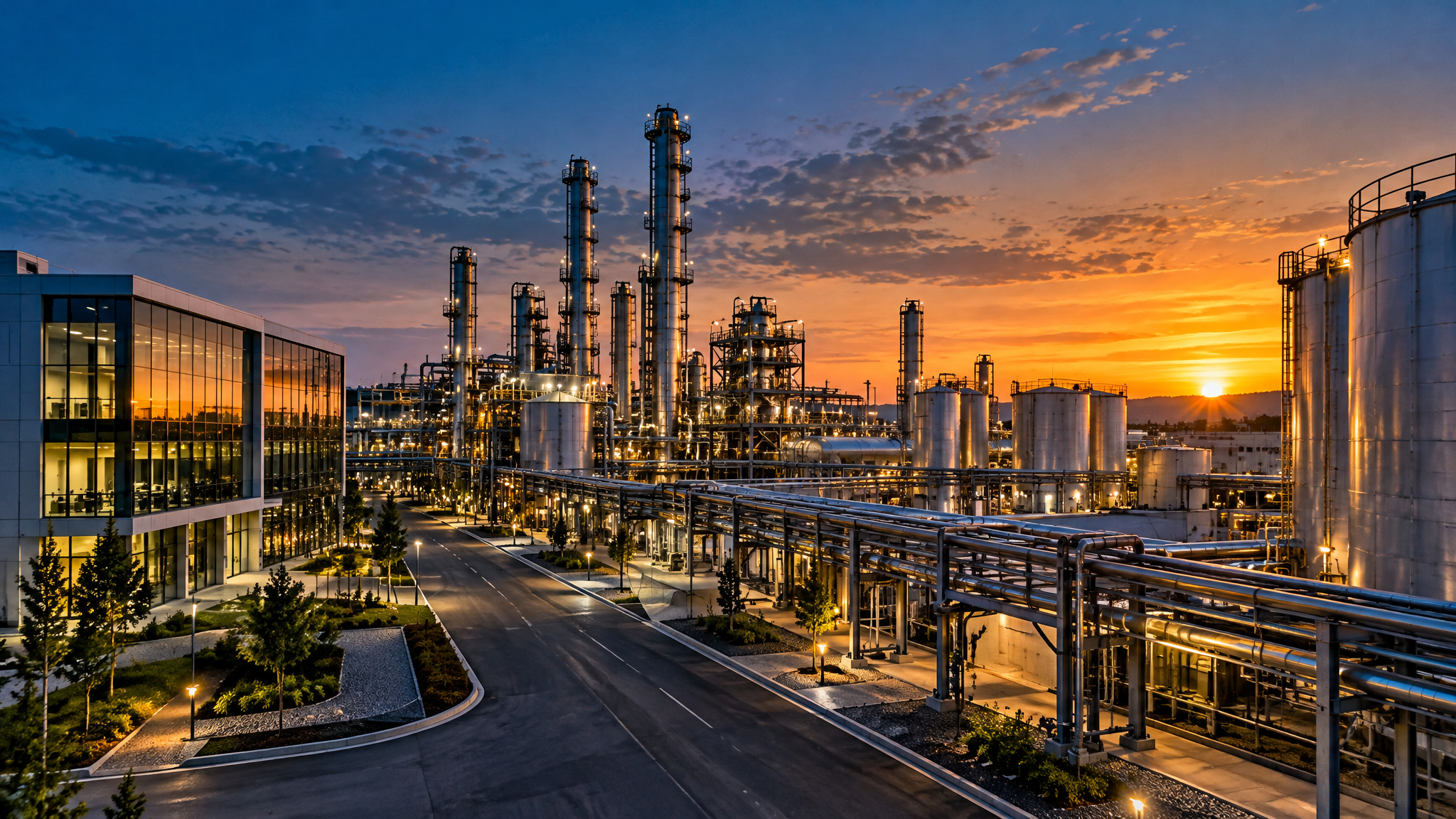 Modern chemical manufacturing plant at dusk