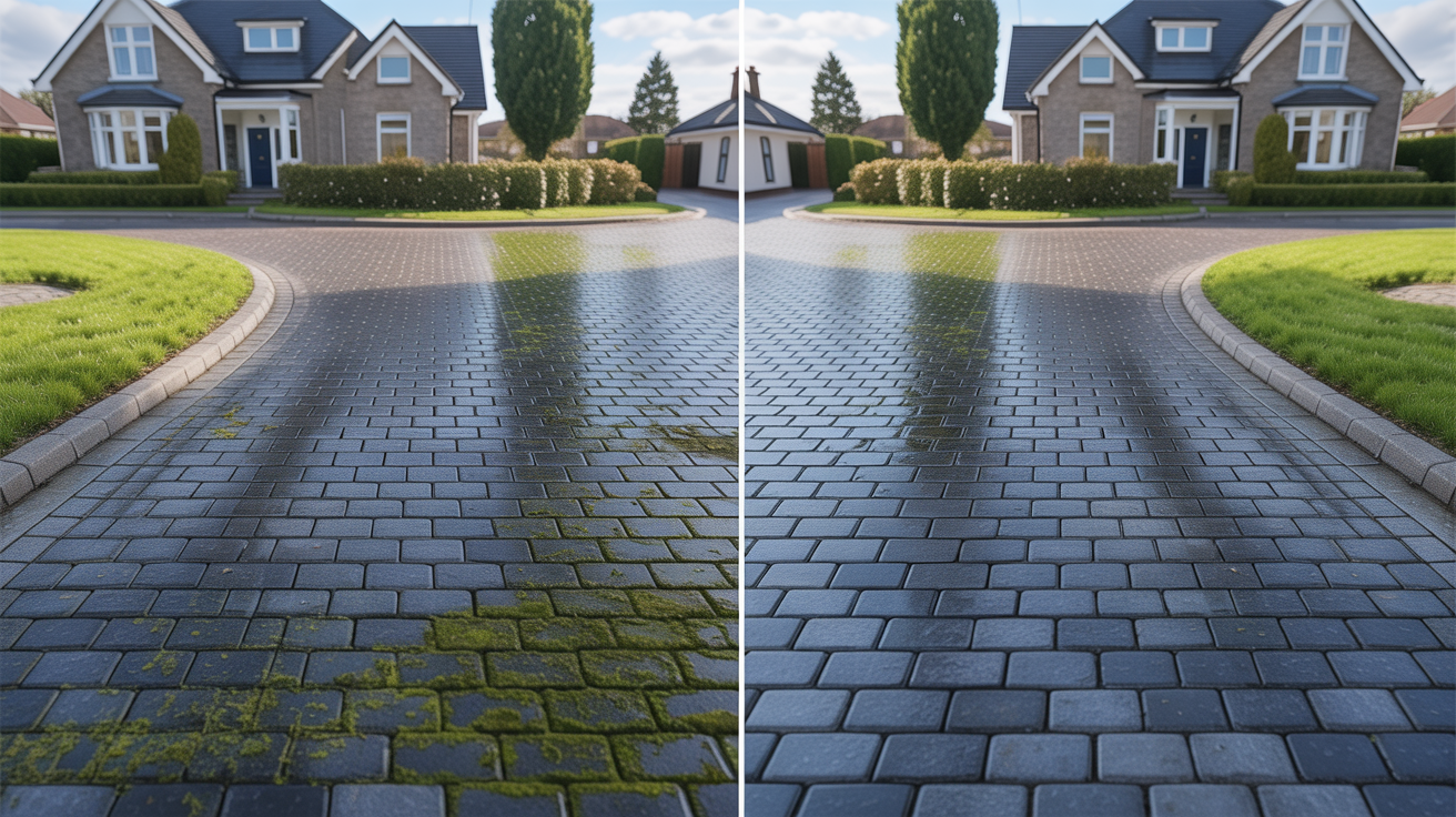 Before and after driveway cleaning showing cobblelock restoration in Dublin suburb