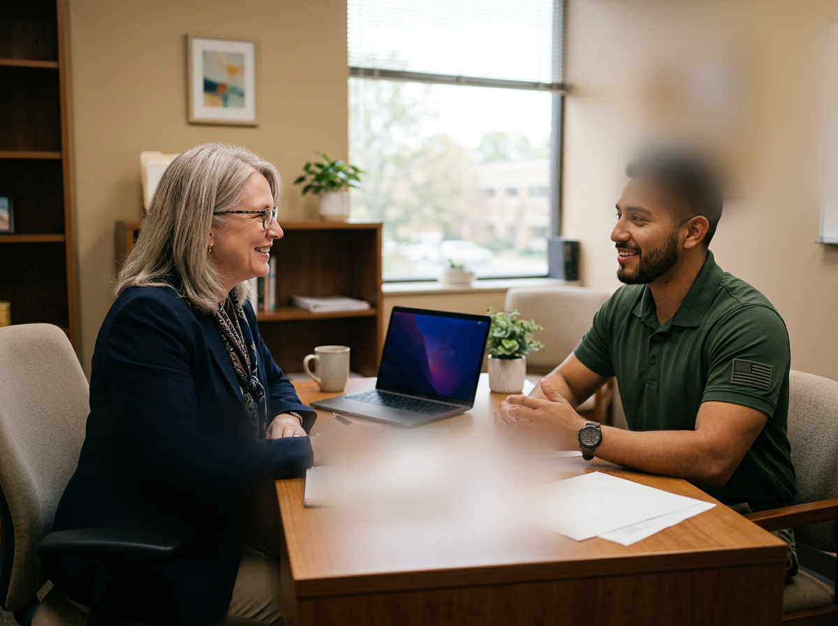 Older white female counselor in a blazer meeting with a younger Latino male veteran across a desk in a professional office for a functional assessment