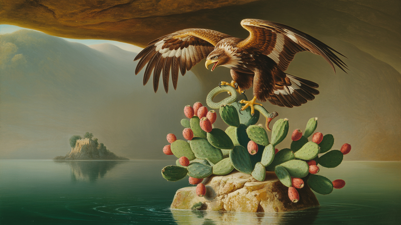 Museum-quality painting of the Aztec founding myth: a golden eagle devouring a serpent while perched atop a nopal cactus growing from a stone in Lake Texcoco