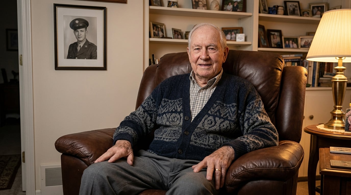 Elderly white male Korean War-era veteran sitting in a living room recliner with a framed military photo on the wall