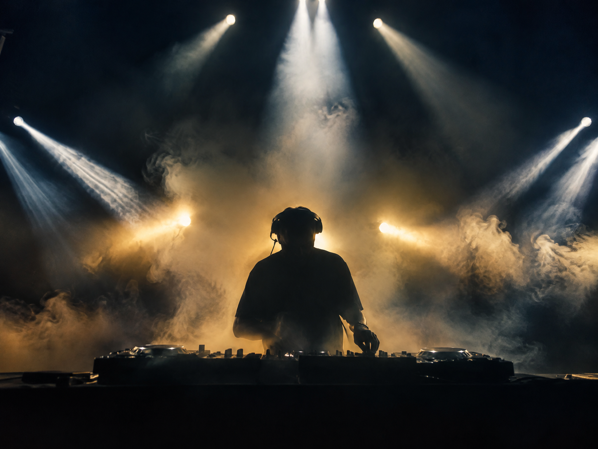 DJ silhouette on stage with spotlights
