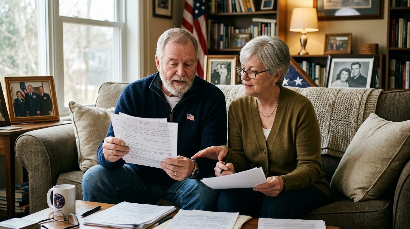 An older veteran and his wife reviewing a letter together on the sofa