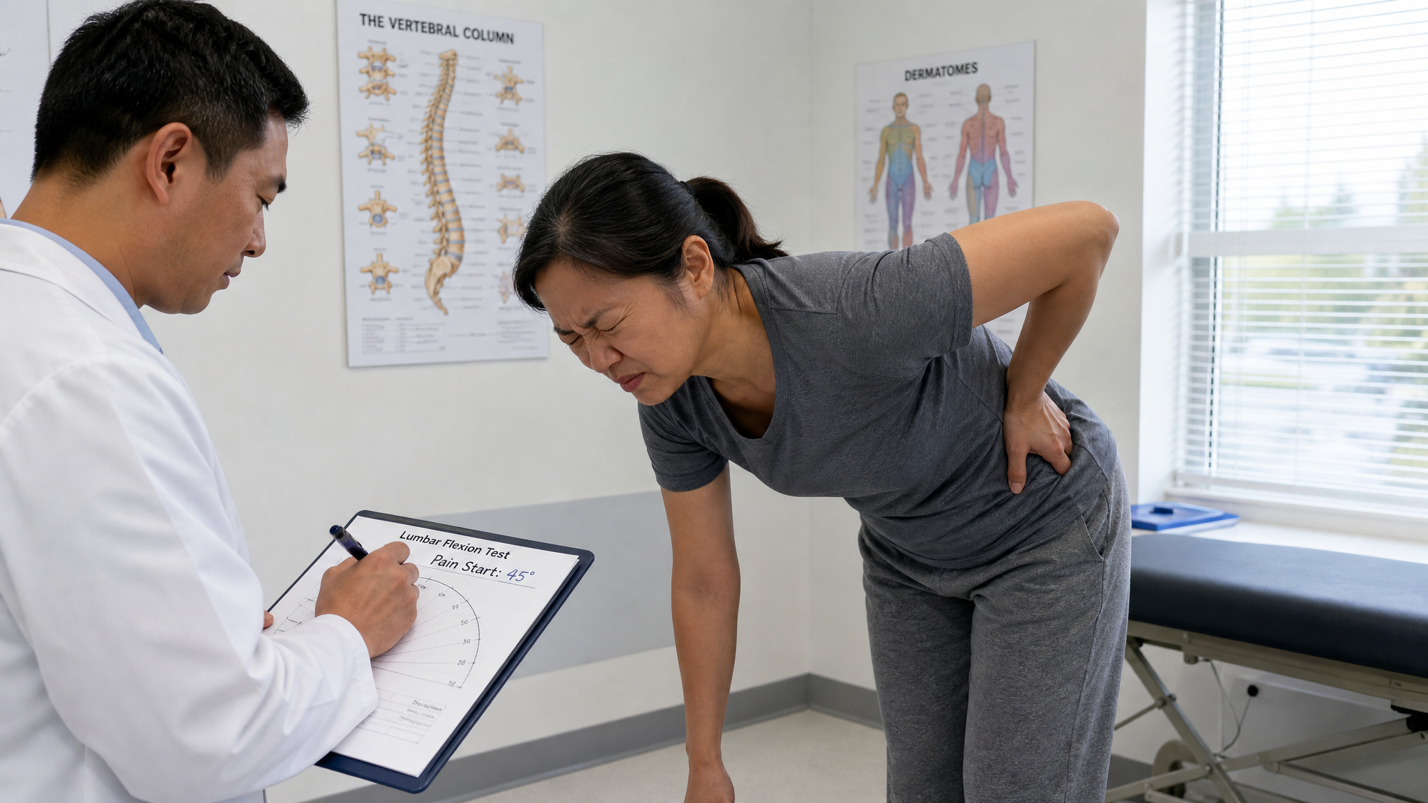 Asian woman wincing and reaching for her low back during forward bending while a clinician records the degree pain begins
