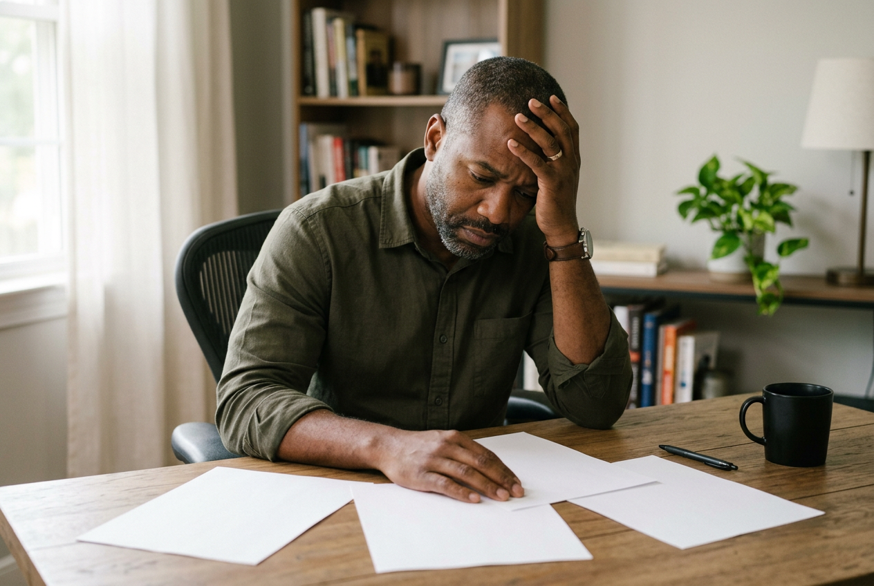 A Black male veteran at a home desk with blank papers, head in hand, overwhelmed by tasks