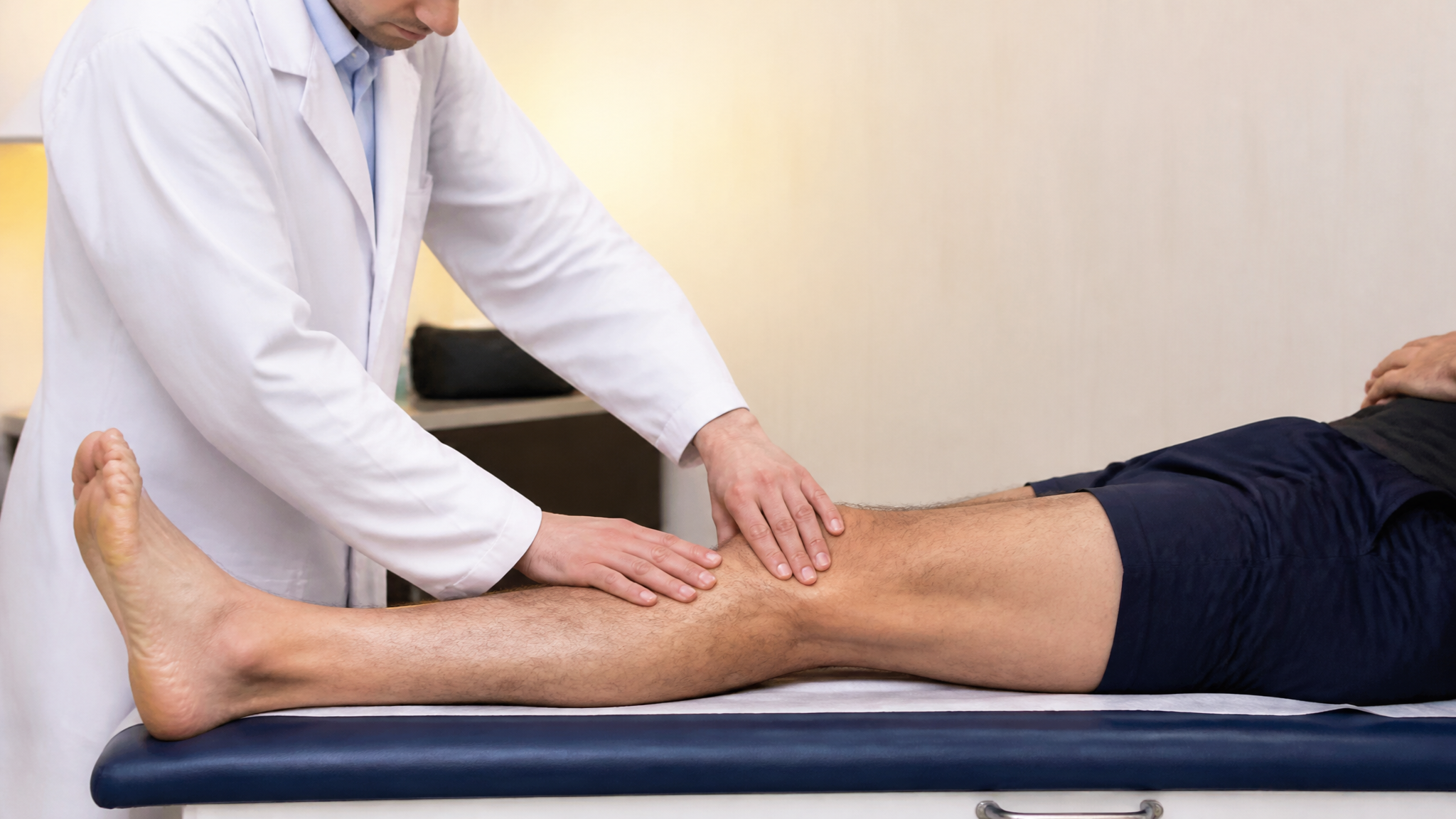 Photograph of a clinician examining a patient's rigid straight fused leg on an exam table during a clinical evaluation
