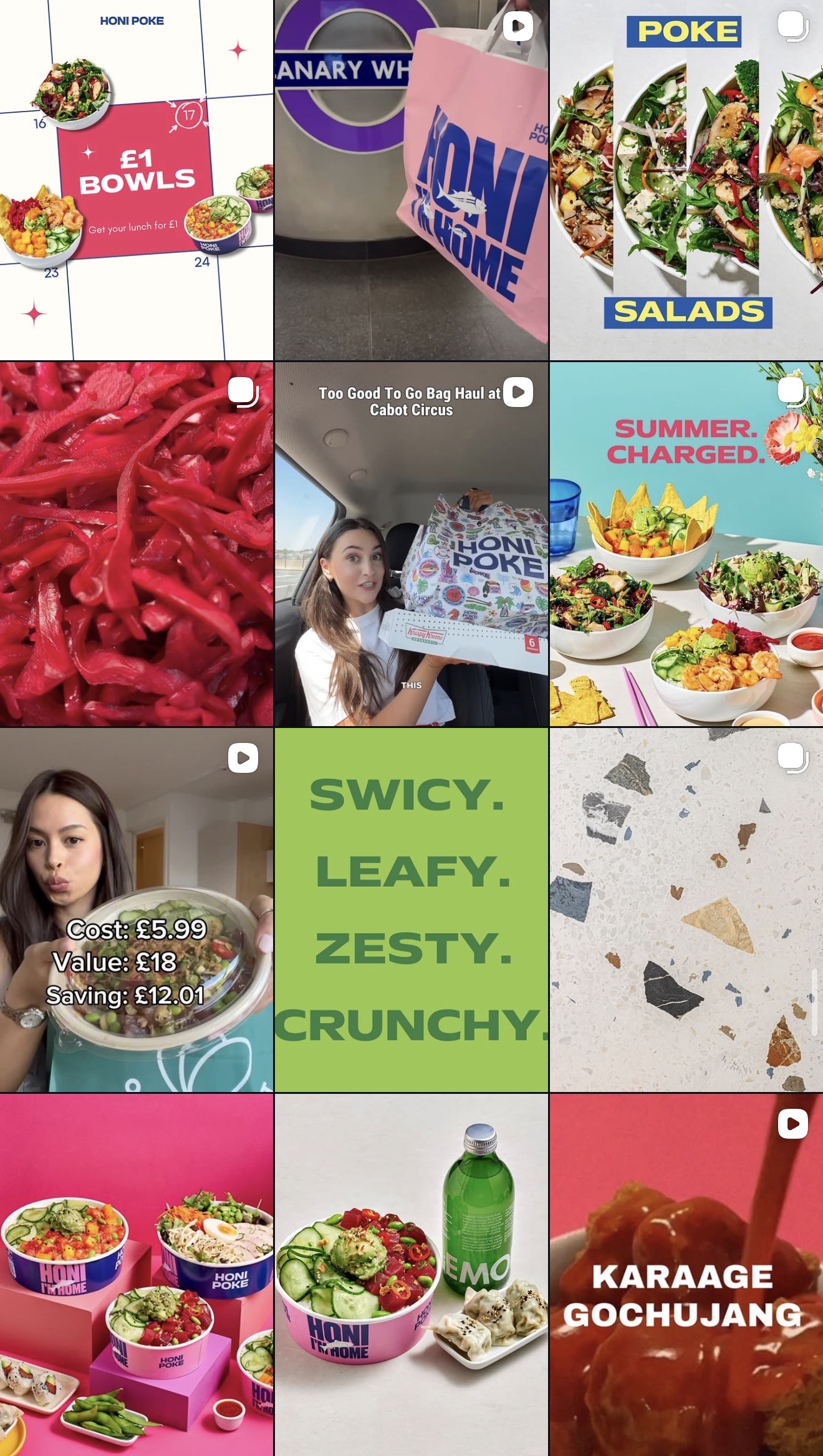 @honipoke grid: £1 Bowls calendar, Summer Charged, Swicy Leafy Zesty Crunchy, Karaage Gochujang