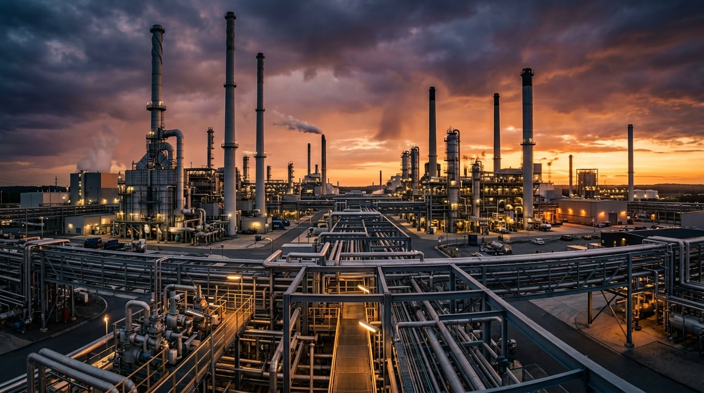 Modern industrial plant with chimneys at golden-hour dusk