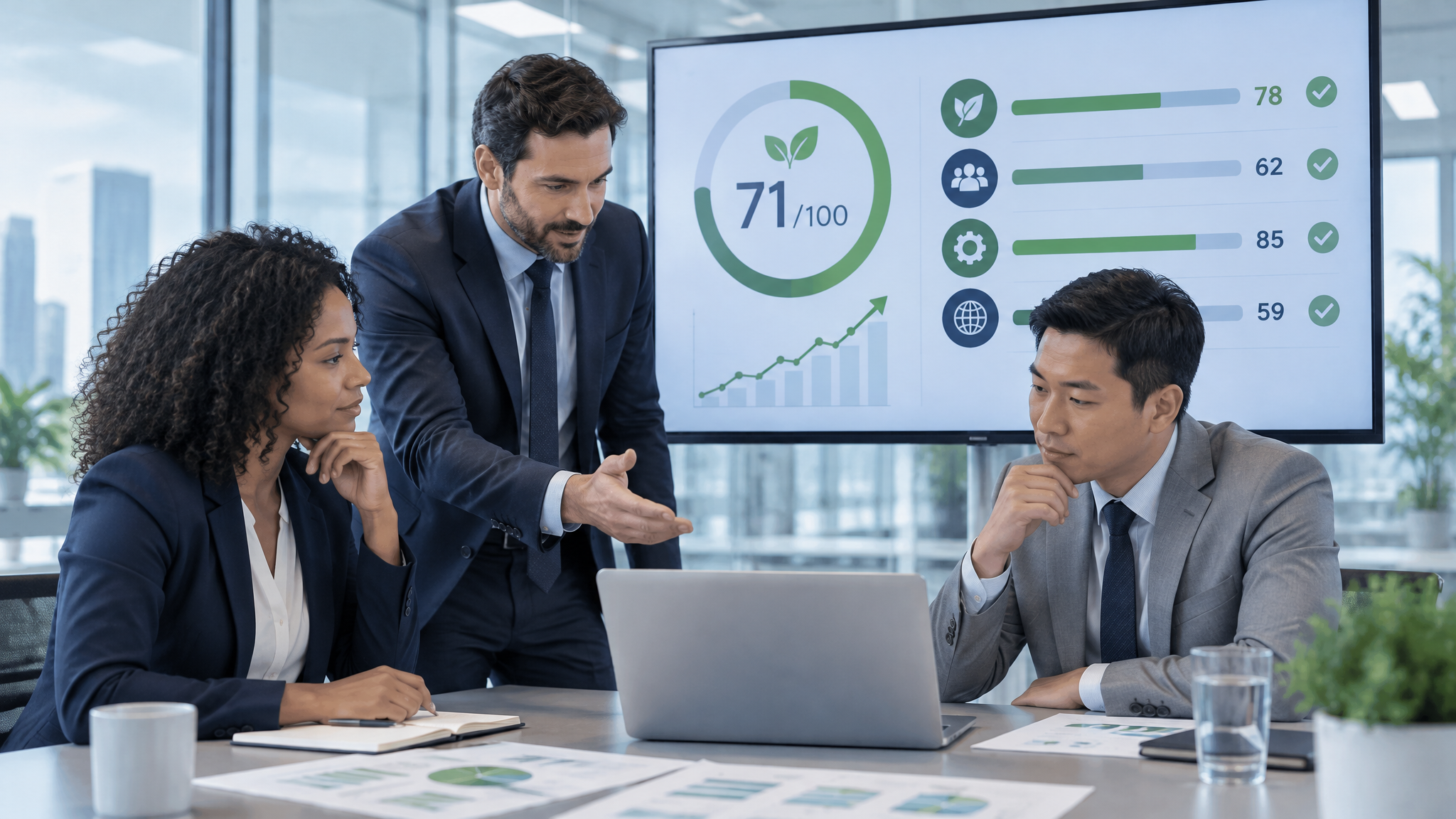 Team analysiert eine ESG-Scorecard mit Gesamtscore und Themenbereichen