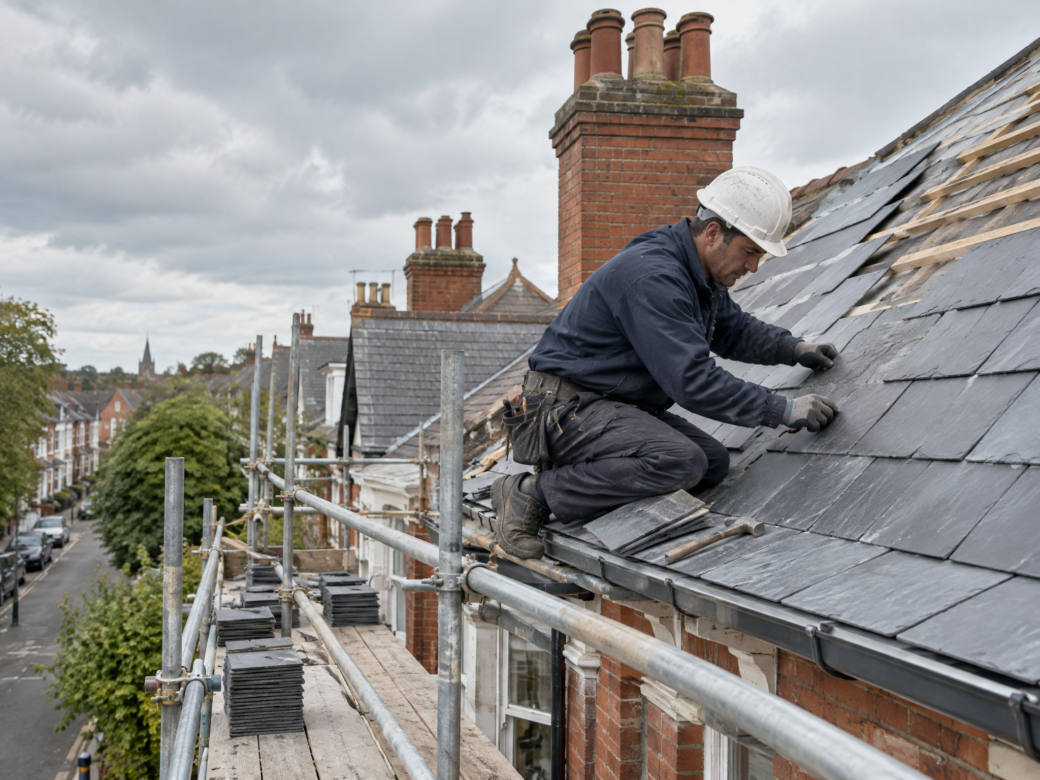 Storm Proof roofer fitting new slates on a UK home