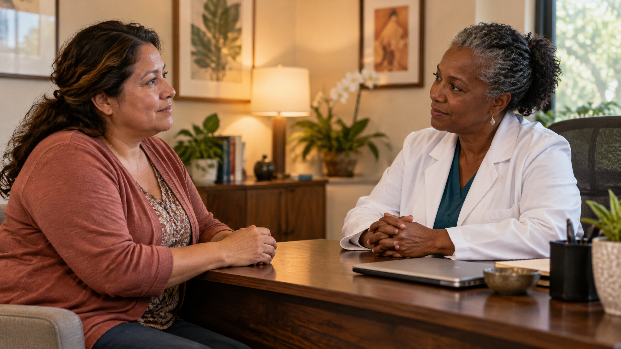 A woman veteran in her late forties in a private conversation with a female gynecologist across a desk