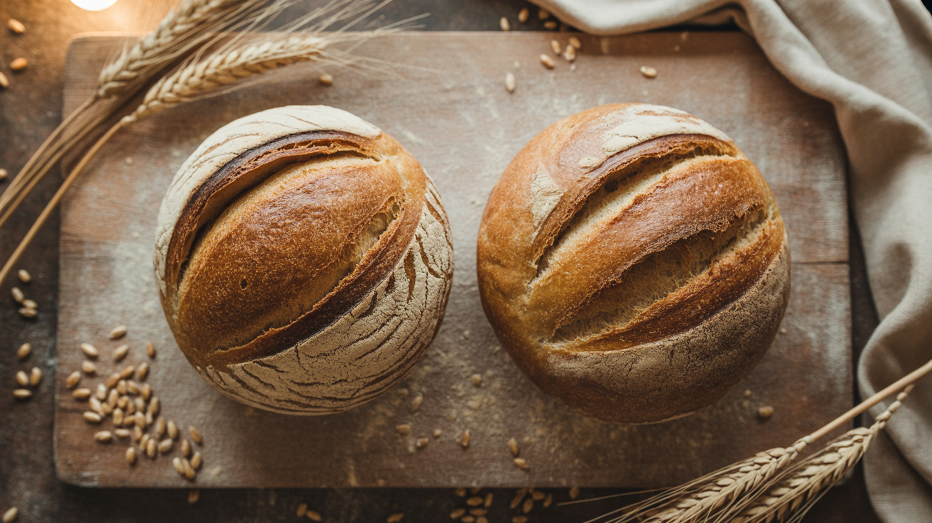 Two identical golden crusty sourdough boules on a floured wooden board showing successful doubling