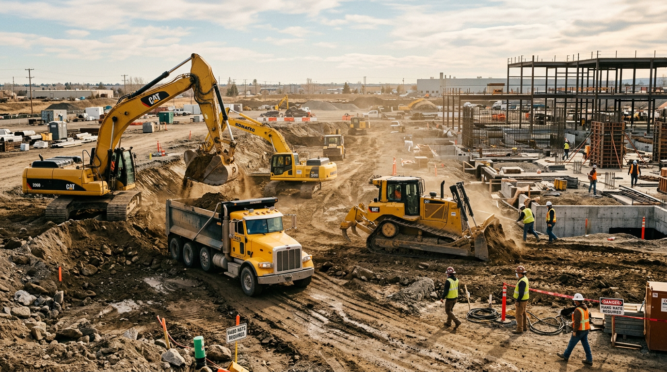Heavy construction equipment and trucks working on a job site.
