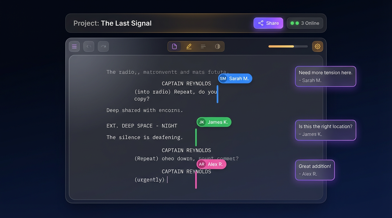 Real-time collaborative screenplay editing showing multiple users with colored cursors and comment bubbles