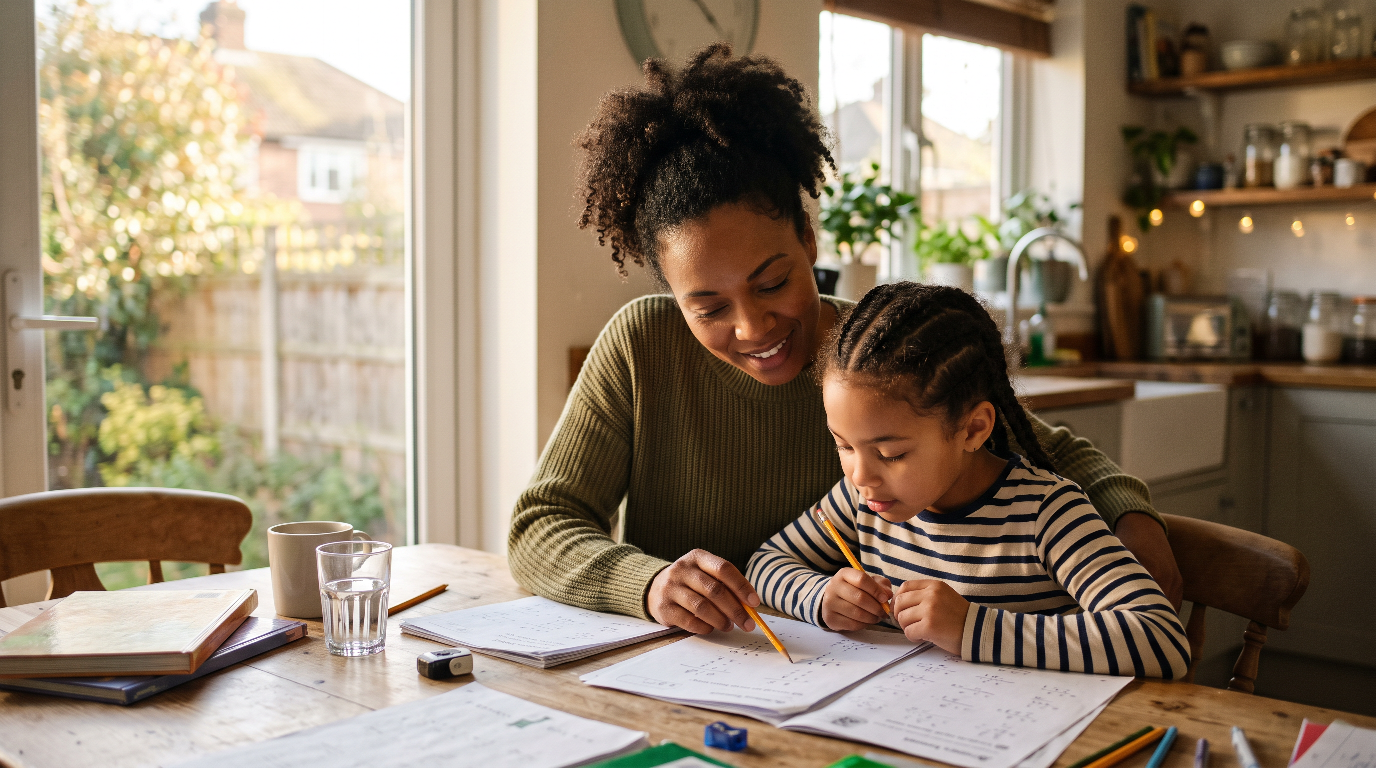 Parent helping elementary child with math homework at a kitchen table in McKinney TX