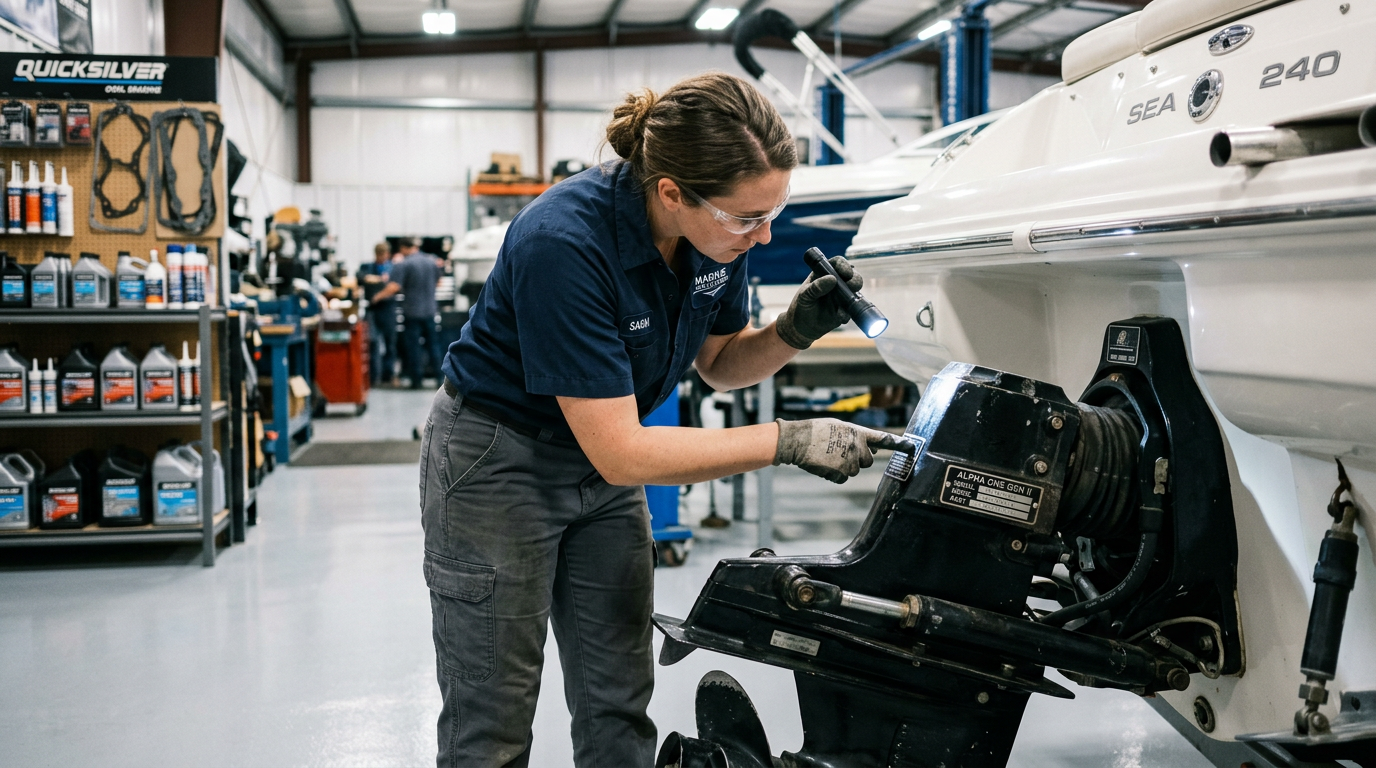 Marine technician inspecting the identification tag and serial markings on an Alpha One Gen II sterndrive outdrive mounted on a boat transom