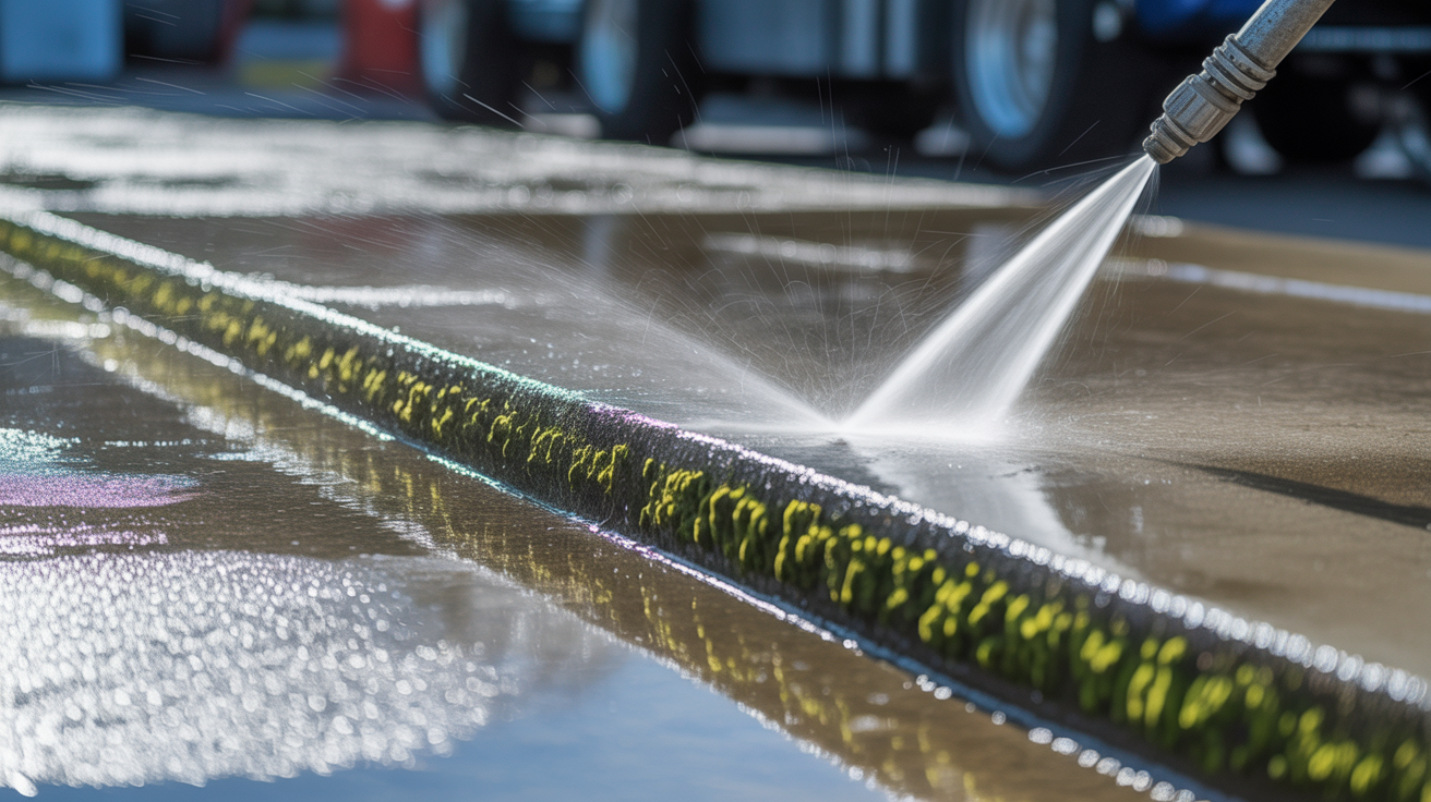 Close-up pressure washing showing clean vs dirty contrast on concrete surface
