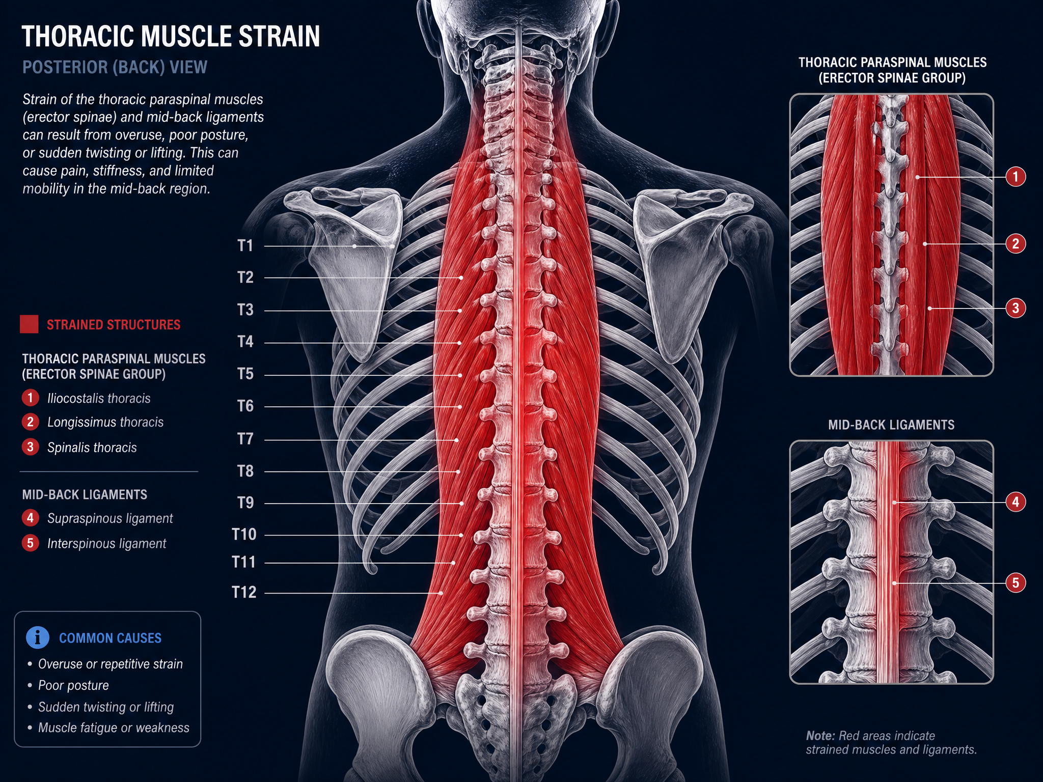 Dark labeled teaching diagram, posterior view, of the thoracic spine with the paraspinal erector muscles and mid-back ligaments highlighted in red to show muscular strain