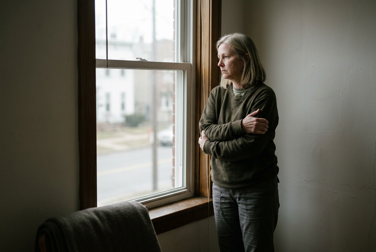 An older woman standing alone at a dim window with her arms wrapped protectively around herself, withdrawn