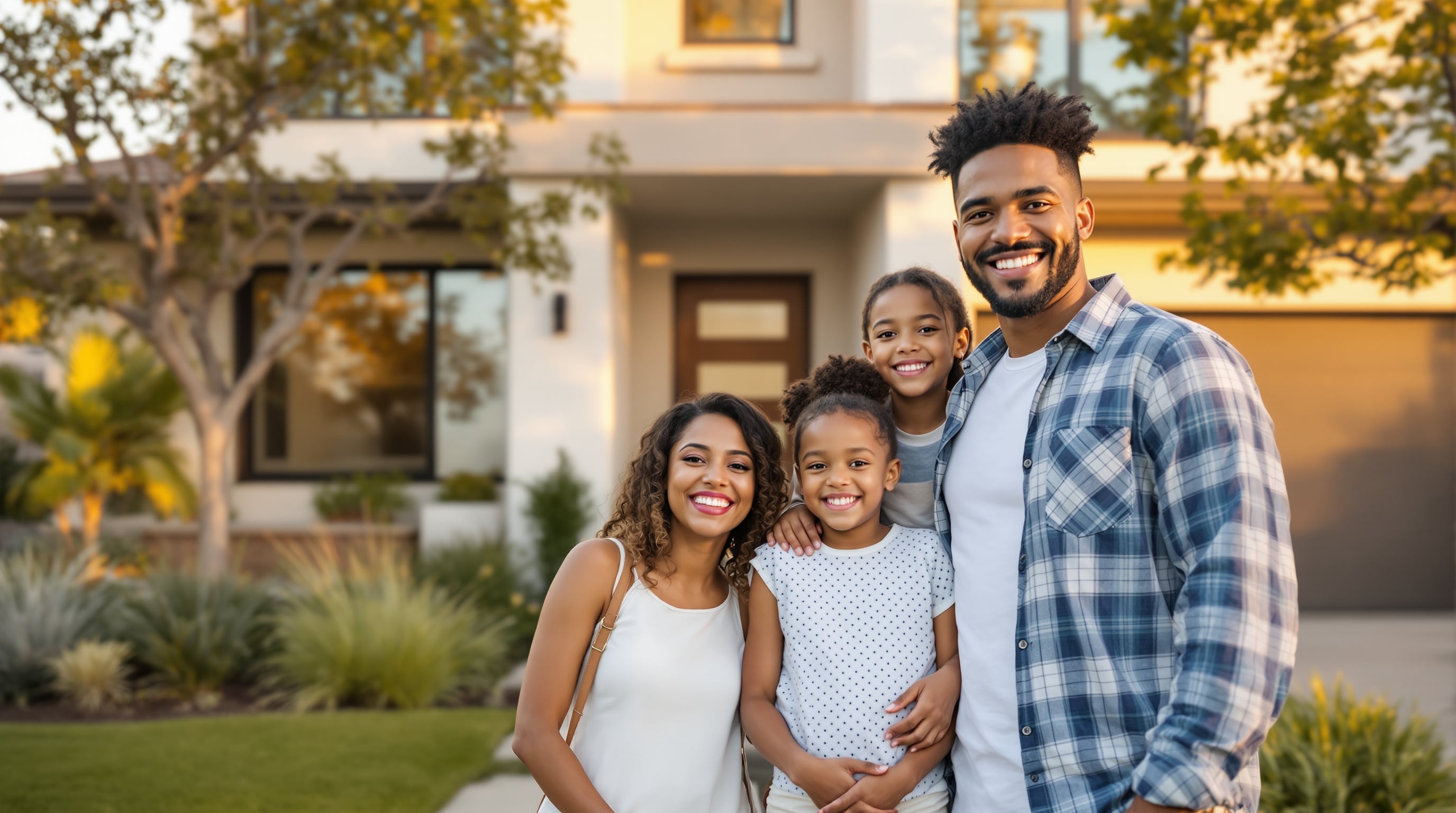 Happy family in front of their new San Diego home