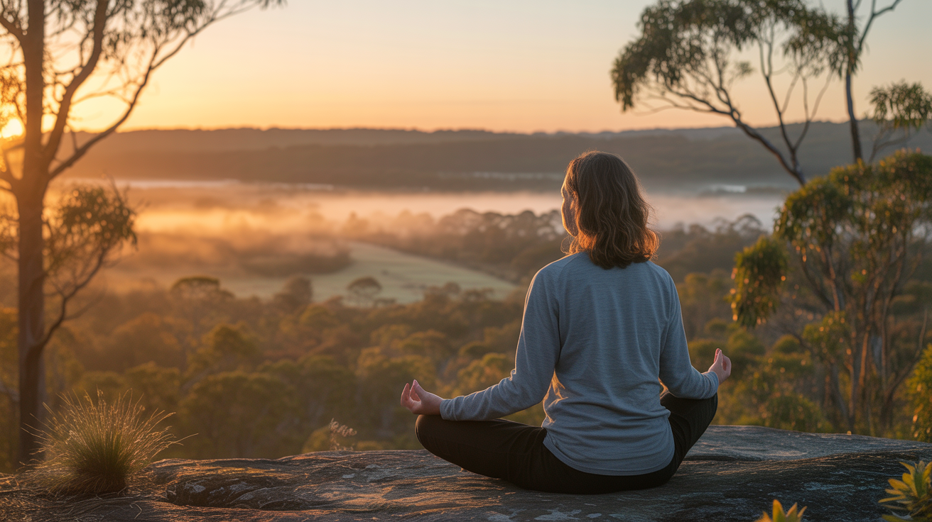 Dawn meditation overlooking bushland valley