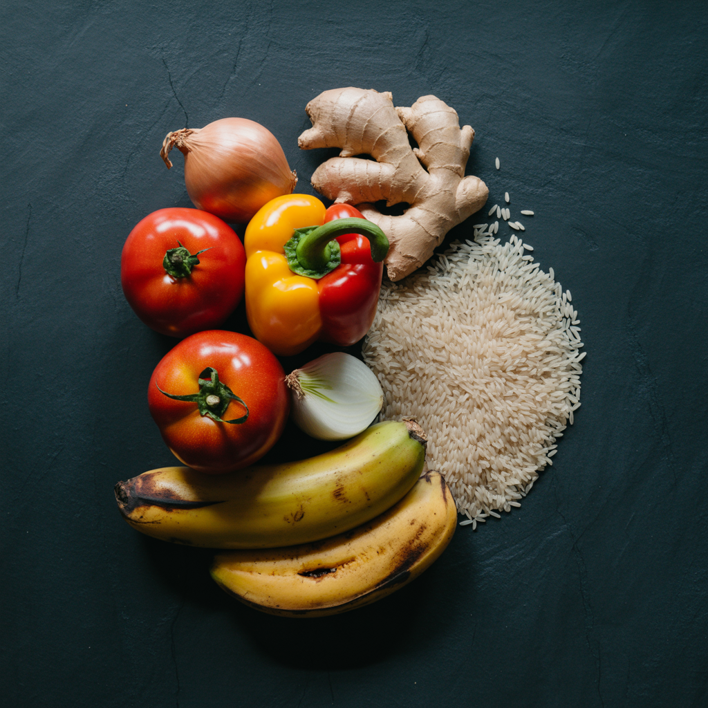 Fresh Ghanaian ingredients flat lay