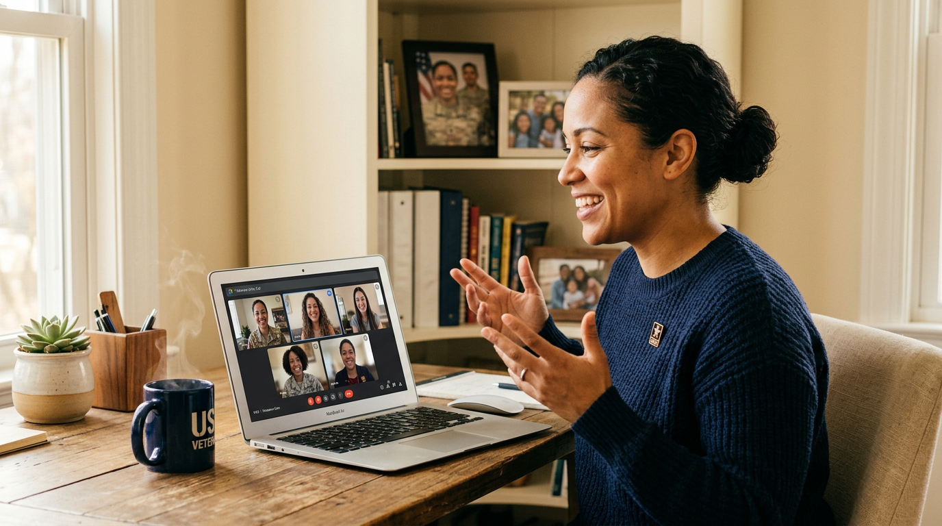 Woman veteran connecting with community online