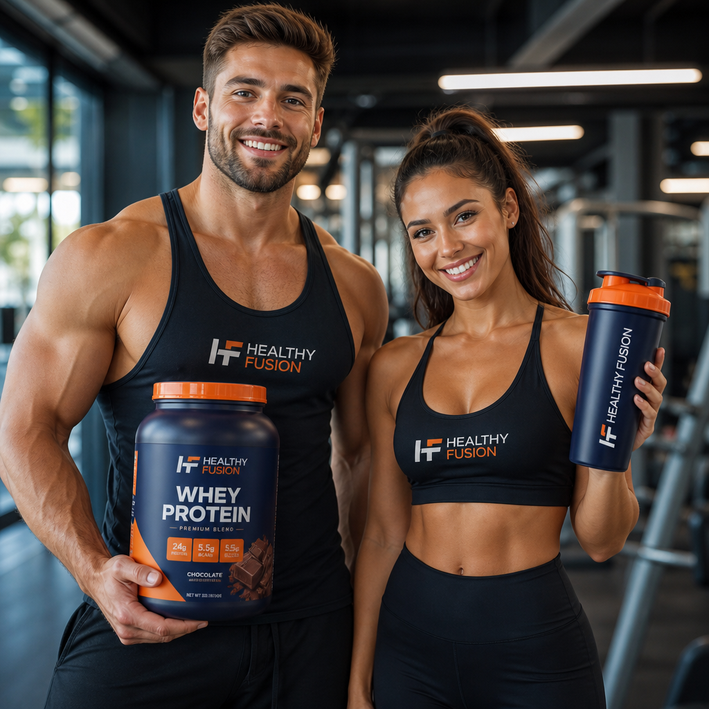 Twee fitness influencers met Healthy Fusion producten in de sportschool