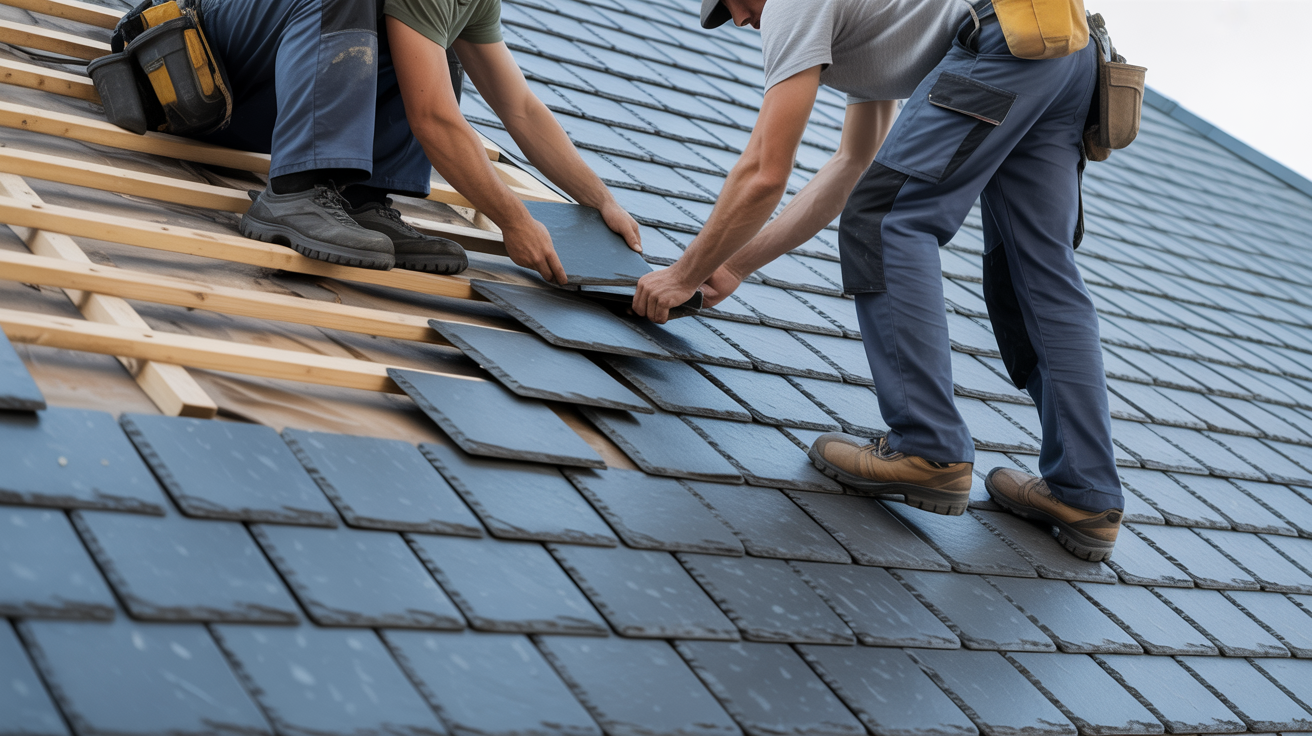 Expert roofers repairing damaged roof tiles
