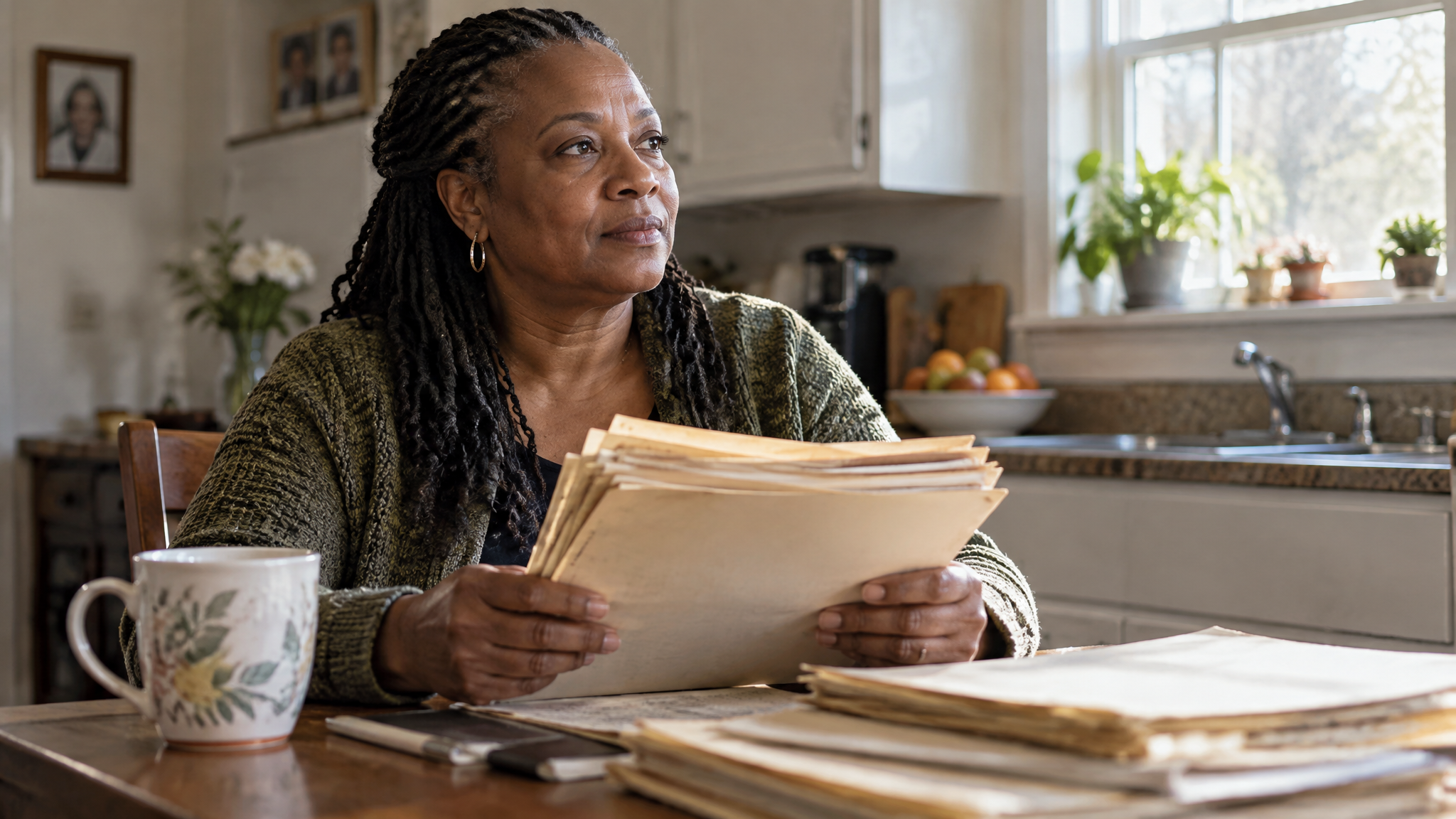 A woman veteran at her kitchen table holding a thick stack of old service papers with a thoughtful, resolved expression