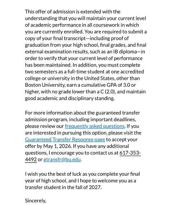 Boston University admission letter