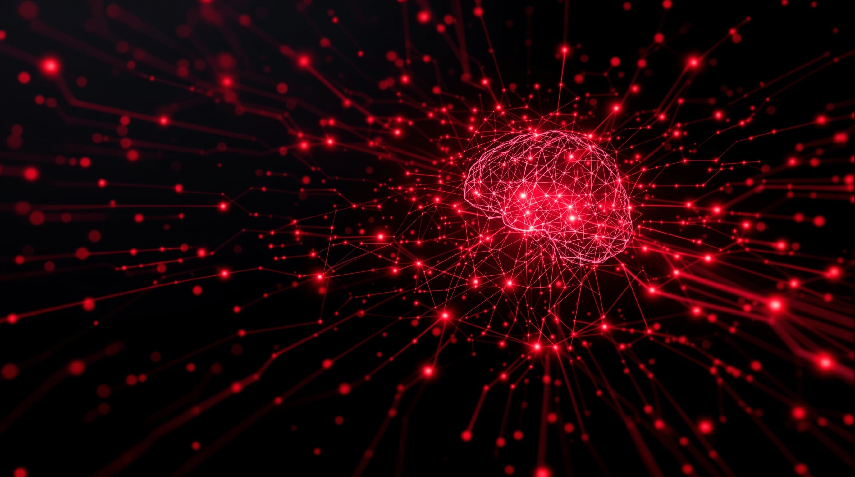 AI technology visualization with neural network connections in red and black tones
