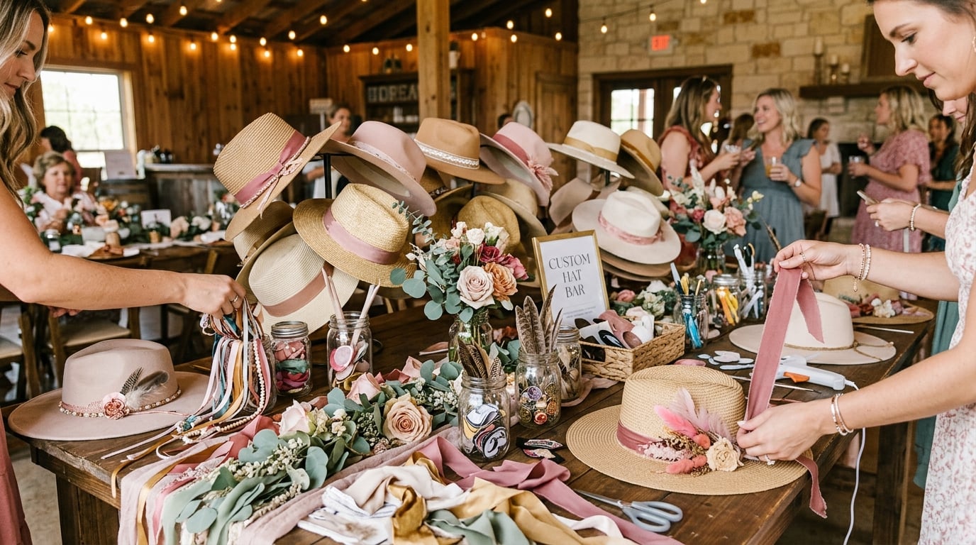 Branded hat bar event setup with custom hats and decorations