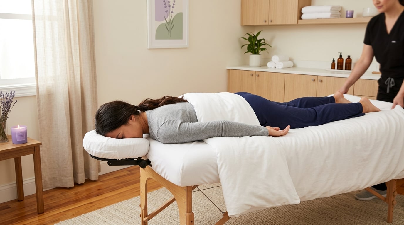 Person lying fully clothed face-down on a massage table during a Spinal Flow session