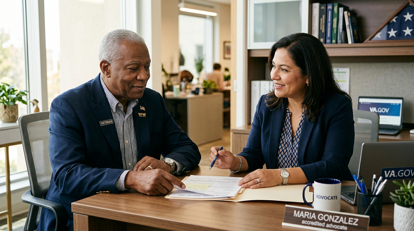An accredited claims agent and a veteran reviewing a clean, single-issue appeal together